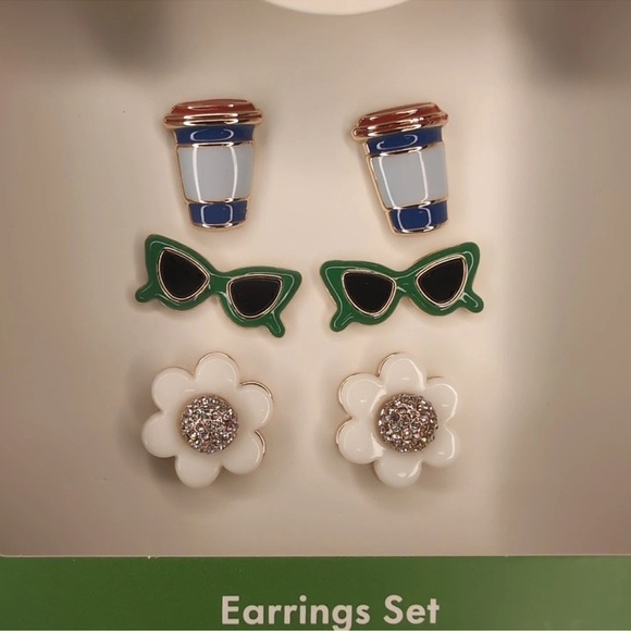 Kate Spade x Target Stud Earrings Set Sunglasses Flowers Coffee Cups 3 Pairs NEW - Picture 3 of 12